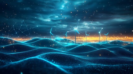 Aufkleber - Futuristic landscape with blue wind turbines on dotted hills under a stormy sky with geometric patterns and glowing orbs, evoking renewable energy. Abstract wireframe in dark blue.
