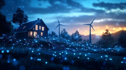 Aufkleber - A modern home merges with nature under a vibrant sky. Energy flows through digital networks, connecting renewable power with domestic life. Abstract wireframe in dark blue.