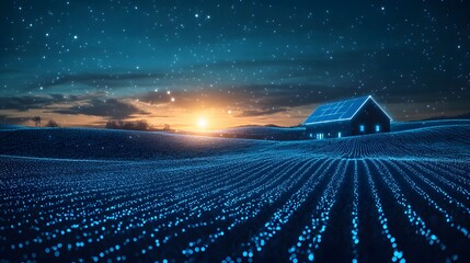 Aufkleber - A mesmerizing field illuminated with blue dots under a vibrant night sky, featuring a solar-paneled house. This captivating scene blends technology and nature. Abstract wireframe in dark blue