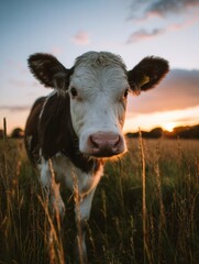Fototapete - Cow Stands in Field at Sunset With Blurred Grass in Foreground Creating a Serene Atmosphere in the Countryside
