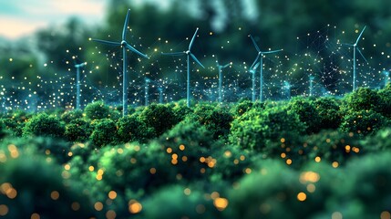 Aufkleber - A field of vibrant green bushes contrasts with modern wind turbines, accented by stylized light, symbolizing a futuristic, eco-conscious future. Abstract wireframe in dark blue.