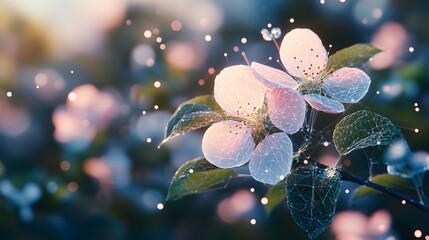 Aufkleber - Digitally rendered blossoms and leaves are artfully overlaid with a geometric wireframe, set against a dreamy, colorful bokeh backdrop. It creates a surreal aesthetic. Abstract wireframe in dark blue