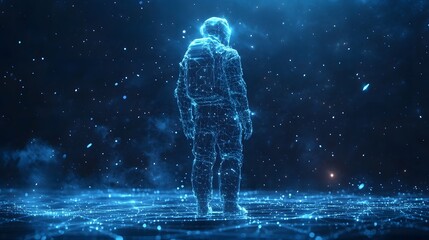 Poster - A luminous astronaut wireframe gazes into the digital expanse, standing on a virtual platform amidst a starry haze. Captivating sci-fi imagery. Abstract wireframe in dark blue