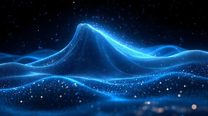 Poster - Dynamic abstract landscape with shimmering blue particles forming wave-like structures. Scattered lights add depth, creating a mesmerizing, flowing effect. Abstract wireframe in dark blue