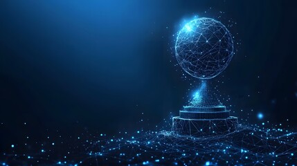 Fototapete - Futuristic digital design showcasing a glowing globe with interconnected lines, atop a tiered structure. Luminous particles enhance the high-tech feel. Abstract wireframe in dark blue.