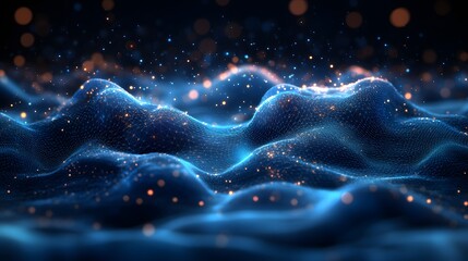 Aufkleber - Futuristic topographical landscape with a blue grid network and glowing particles. Orange and blue bokeh lights create depth. Abstract wireframe in dark blue.