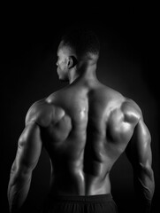 Poster - Muscular Back Flexing in Black and White Contrasting Light Highlighting Strength and Dedication