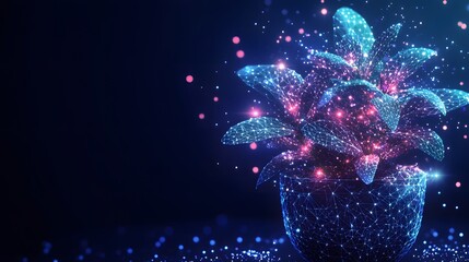 Aufkleber - Digital plant artfully rendered with glowing blue lines and vibrant pink flares, creating a magical, ethereal scene against a deep blue backdrop. Abstract wireframe in dark blue.