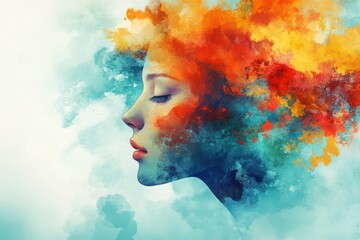 Poster - This stunning artistic portrait showcases a womans profile, adorned with a vibrant explosion of colorful abstract hair, representing creativity and imagination.