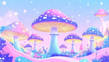 Wall Mural - Enchanted mushroom landscape with pastel colors and sparkling stars creating a whimsical fantasy scene