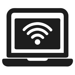 Poster - Black laptop computer silhouette with wifi signal icon representing remote connection.