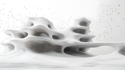 Poster - Futuristic architectural structure with organic modules and dark gray mesh. Parallel lines create a layered foundation, while dispersed particles add depth. Abstract wireframe in dark blue.
