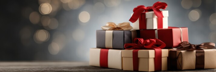 Poster - Wrapped Gift Boxes Stacked Elegantly Under Soft Spotlight With Open Space for Holiday Celebration