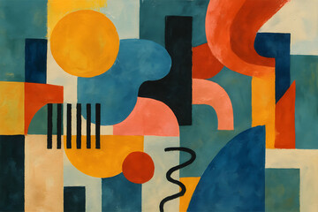 Poster - Colorful Geometric Abstraction: An engaging, eye-catching abstract composition, artfully arranged with vivid colors and clean geometric forms and shapes that invite the viewer to contemplate