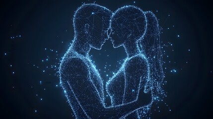 Poster - Futuristic love unfolds as two glowing figures embrace in a digital dance. An ethereal connection visualized in a modern, abstract form. Abstract wireframe in dark blue.