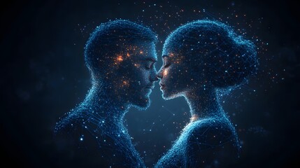 Leinwandbilder - Digital figures connect with glowing lines and points in a dark blue space, symbolizing connection. Intimate portrayal of futuristic romance. Abstract wireframe in dark blue