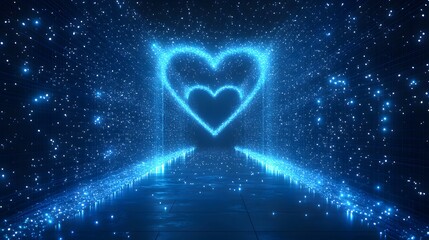 Poster - Futuristic digital art showcases interconnectedness. Blue particles converge on two heart shapes, symbolizing love in a technological world. Evokes connection. Abstract wireframe in dark blue.