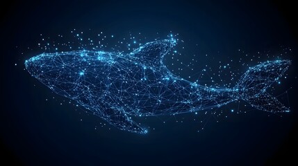 Poster - Futuristic whale depiction using interconnected blue lines and glowing dots. The dark blue background enhances the digital, abstract feel. Captivating imagery with Abstract wireframe in dark blue