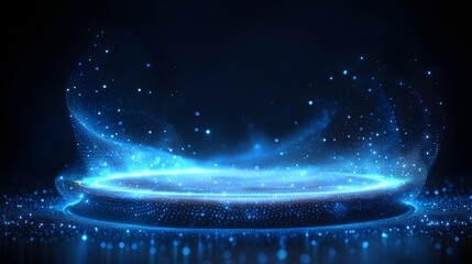 Poster - A shimmering blue platform glows ethereally against the dark backdrop. Tiny lights form a futuristic digital display. A semi-circular structure enhances depth. Abstract wireframe in dark blue.