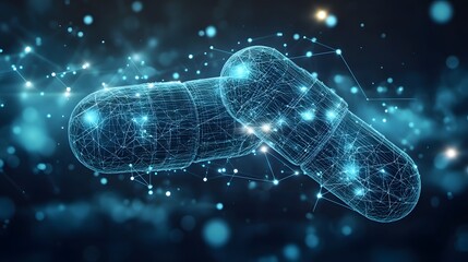 Aufkleber - Futuristic capsules glow in the digital darkness, connected by a complex web. Abstract wireframe design evokes science and technology. Blurred bokeh adds depth. Abstract wireframe in dark blue