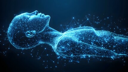 Aufkleber - Luminous blue figure resting, depicted as a wireframe network. Digital human form glows against the dark backdrop. Abstract wireframe in dark blue