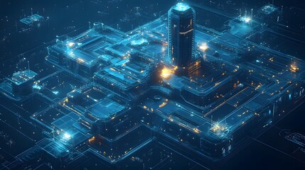 Aufkleber - Futuristic cityscape with glowing blue towers and intricate networks, showcasing advanced technology and interconnected systems. Abstract wireframe in dark blue.