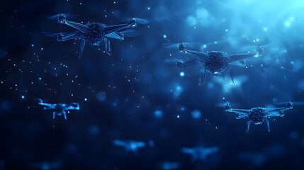 Leinwandbilder - Futuristic drones navigate a hazy, networked space. Glowing lines and nodes suggest advanced technology and connectivity. Ideal for visuals related to monitoring Abstract wireframe in dark blue