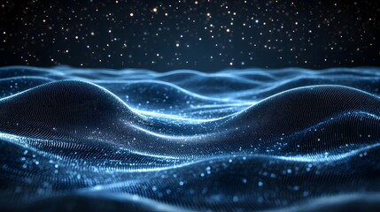 Poster - Futuristic digital landscape featuring undulating blue particle waves against a star-filled expanse. Perfect for technology and innovation themes. Abstract wireframe in dark blue.