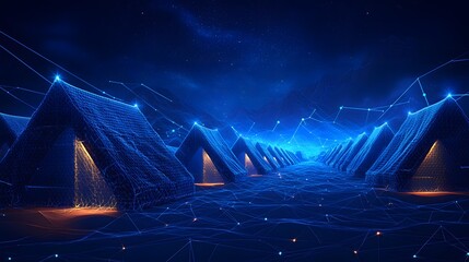 Aufkleber - futuristic campsite beneath a starry expanse. blue wireframe tents with orange glows line a digital 