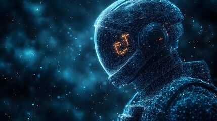 Leinwandbilder - Futuristic digital astronaut with a blue wireframe design against a dark cosmic background filled with sparkling particles. Abstract wireframe in dark blue