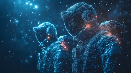 Poster - Astronauts float amidst a nebula of digital stardust. Glowing blue wireframe suits define them against the infinite expanse, a dance of light and shadow. Abstract wireframe in dark blue