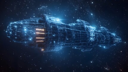 Poster - Futuristic spaceship outlined with glowing blue lines against a starry backdrop. High-tech design suggests exploration in space. Vast cosmic setting,Abstract wireframe in dark blue.