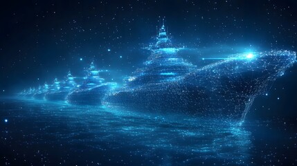 Aufkleber - Futuristic warships glide across glowing waters, their wireframe structures illuminating the night. A powerful display of naval innovation and digital prowess. Abstract wireframe in dark blue.