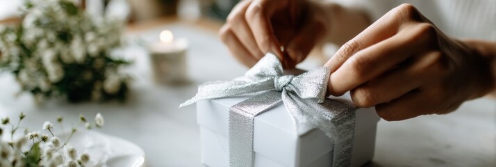 Poster - Wrapping a Gift With a Silver Bow on a White Tabletop During a Celebratory Occasion in a Cozy Setting