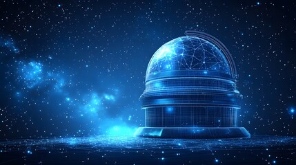 Poster - Digital observatory concept featuring a wireframe dome under a starry sky. Great for science, technology, or space exploration themes. Abstract wireframe in dark blue.