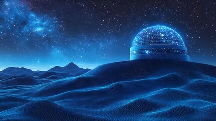 Poster - Futuristic landscape with wireframe terrain and a glowing dome observatory under a starry sky. Advanced tech meets cosmic beauty in this alien scene. Abstract wireframe in dark blue.