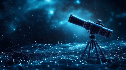 Poster - A telescope stands amidst a stunning cosmic backdrop, blending technology and wonder. Interconnected points create an ethereal grid. Exploration and discovery await. Abstract wireframe in dark blue