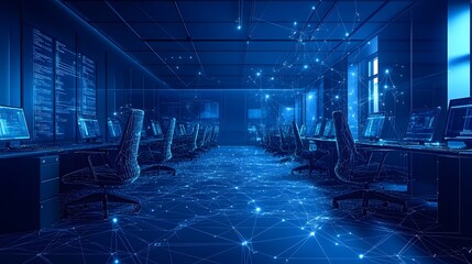 Fototapete - High-tech data center with rows of computer workstations, bathed in blue light. Glowing network overlay adds a futuristic feel. Ideal for tech, coding, or IT visuals. Abstract wireframe in dark blue