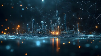 Poster - Futuristic cityscape at night with glowing neon blue buildings and interconnected networks. A reflective surface mirrors the lights, creating depth. Abstract wireframe in dark blue