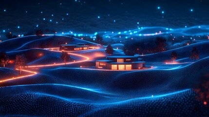 Poster - Futuristic landscape with glowing grid hills, modern houses, and orange paths. Warm light and twinkling stars create a captivating scene. Abstract wireframe in dark blue.
