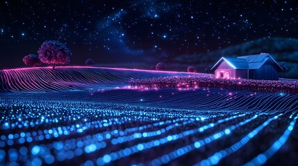 Aufkleber - Dreamlike rural nightscape features glowing fields and hills under a starry sky. Blue and pink lights illuminate the scene, creating a surreal, futuristic atmosphere. Abstract wireframe in dark blue.