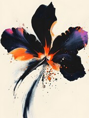 Poster - An artistic black orchid with vibrant orange and purple accents in a vivid abstract painting. A study of color and form that evokes a sense of both delicacy and strength.
