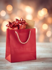 Aufkleber - Bright Red Gift Bag Filled With Presents in a Festive Setting Ideal for Holiday Celebrations and Branding Opportunities