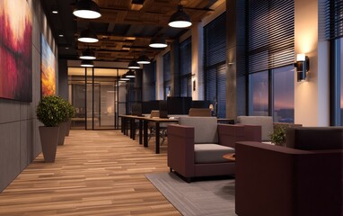 Poster - Modern office interior with wooden flooring, stylish furniture, and sunset views through large windows