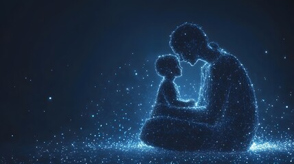 Poster - Ethereal digital art showcases a tender mother-child moment. Blue glowing lines form silhouettes in the dark, conveying intimacy and love. A modern, abstract scene. Abstract wireframe in dark blue.
