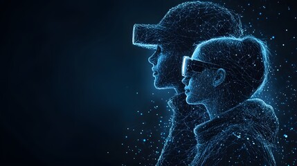 Leinwandbilder - Futuristic figures rendered in glowing blue lines depict digital connection. One wears glasses, the other a VR headset, highlighting technology's impact. Abstract wireframe in dark blue.