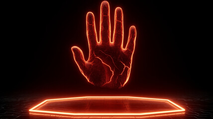 Fototapete - Glowing red fantasy hand concept radiates ethereal magic in dark environment