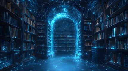 Poster - Step into a digital library where knowledge meets innovation! Books line glowing shelves, and an arch of light beckons discovery. Explore the future of information! Abstract wireframe in dark blue.
