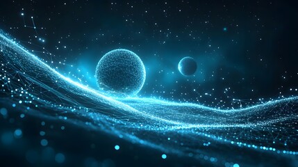 Poster - Mystical abstract spheres glow against a starfield backdrop. Interconnected lines create depth and wave-like patterns, enhanced by cyan bokeh. Abstract wireframe in dark blue.