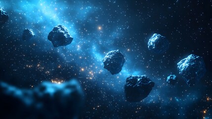 Leinwandbilder - Cosmic asteroids glisten with bluish light amidst a star-filled nebula, bathed in golden hues. A captivating scene of space exploration. Abstract wireframe in dark blue.